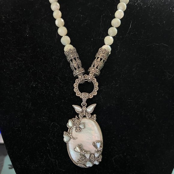 Artisan 925 Silver MOP Marcasite Faceted Iolite Tourmaline Necklace - Picture 3 of 9